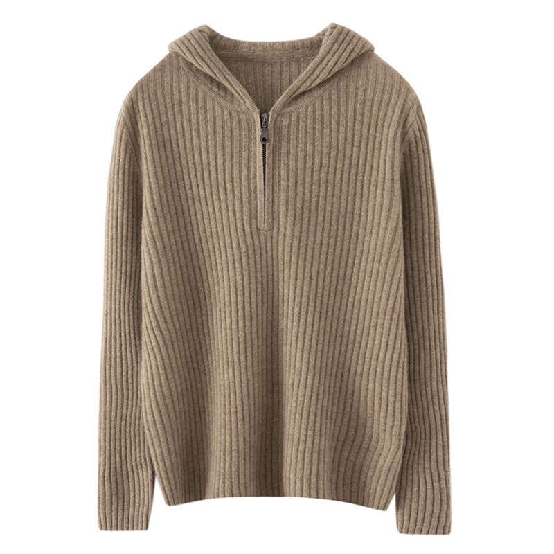 女100山羊绒~抽条连帽半开拉链羊绒衫厚款叠穿针织毛衣