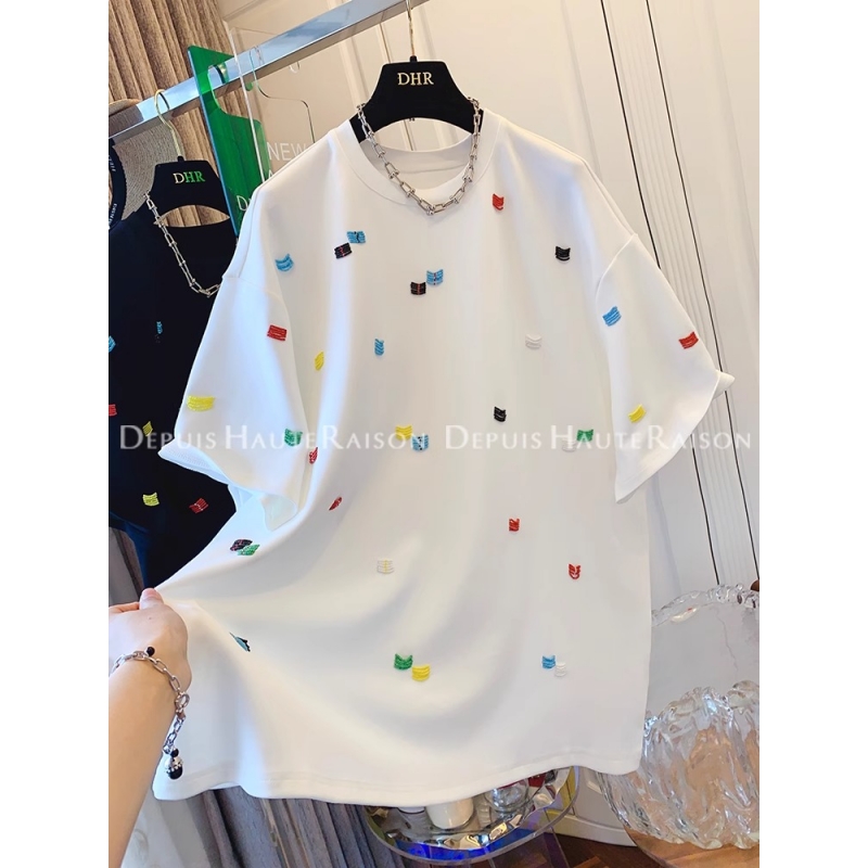 大码240斤独特设计感刺绣短袖T恤韩版宽松纯棉上衣女2025春夏新款