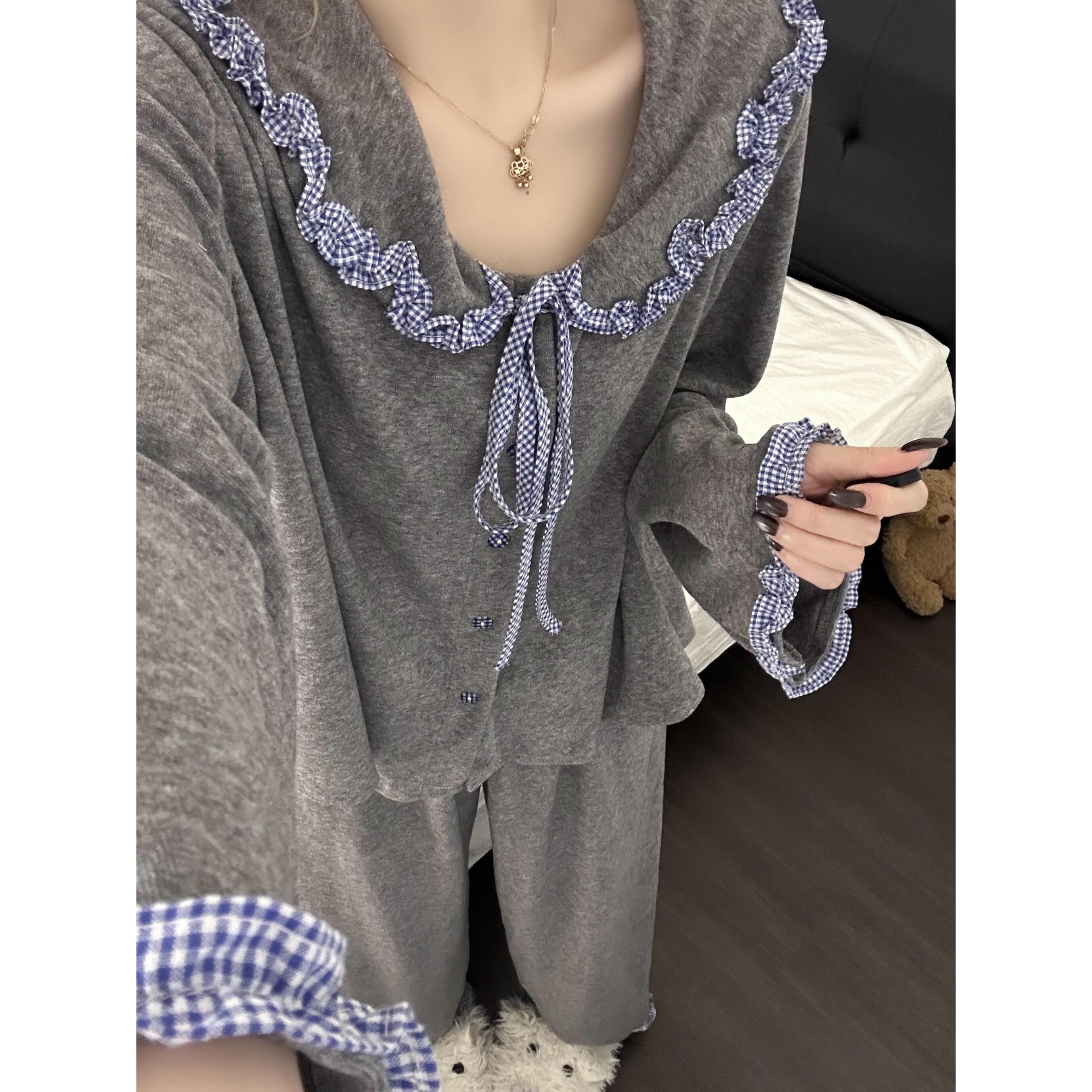 蝴蝶结系带拼接花边长袖德绒睡衣女秋冬保暖家居服套装可外穿