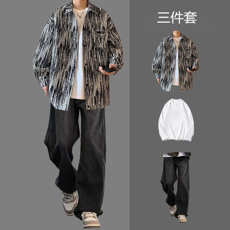 小香风外套男士套装春秋ins潮牌工装夹克高街一套搭配休闲三件套