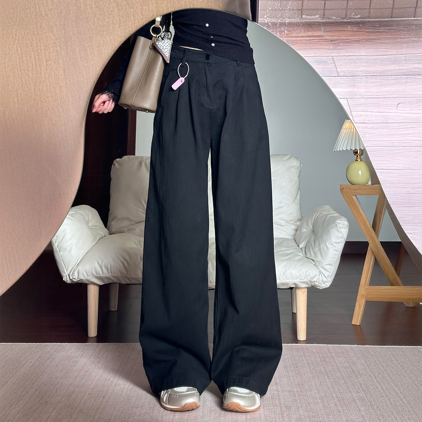 肌理感黑色阔腿牛仔裤女秋季新款胖妹妹mm高腰宽松显瘦遮胯拖地裤