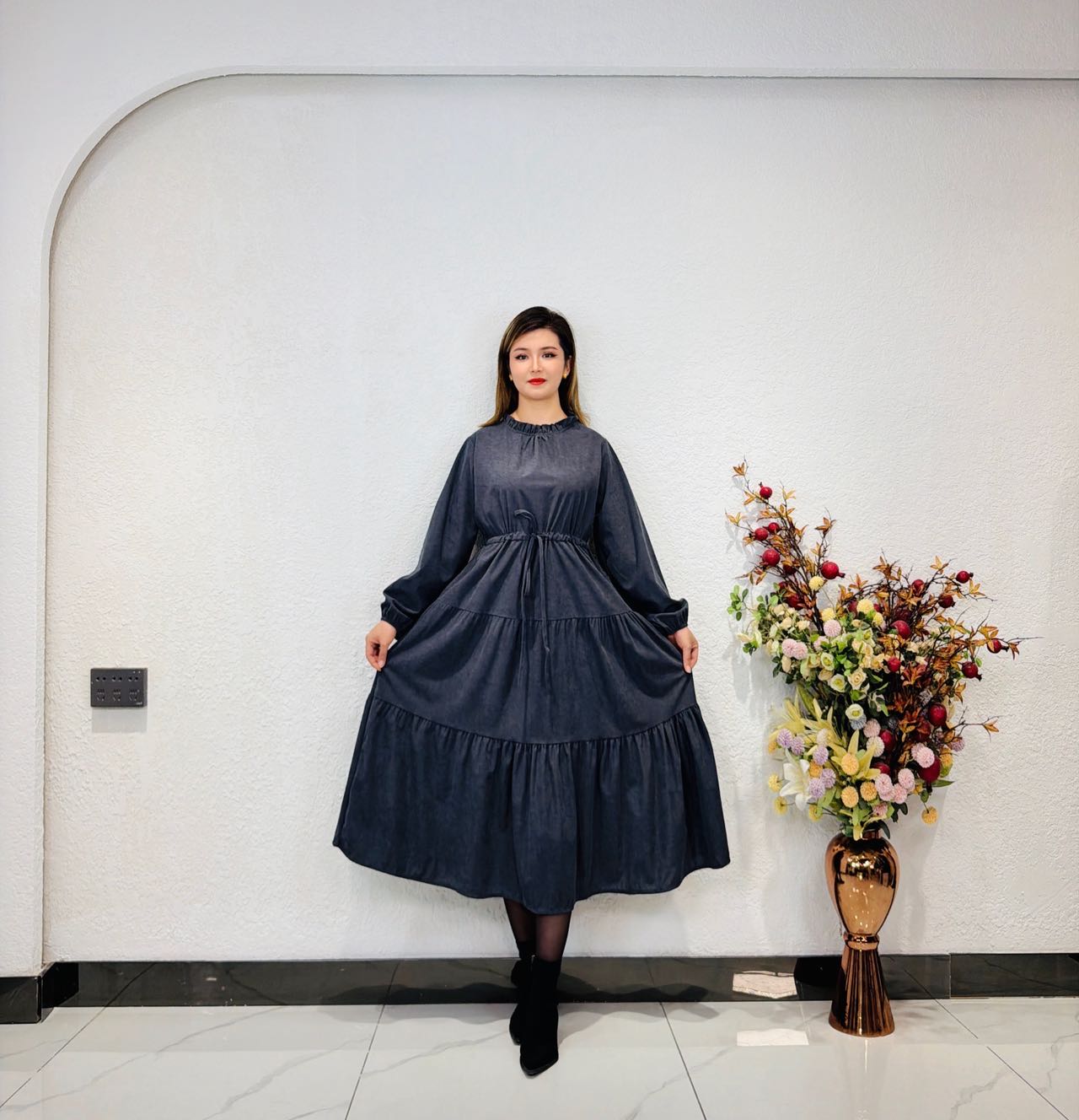 PAHRIM新款法式复古高级感气质纯色连衣裙2068