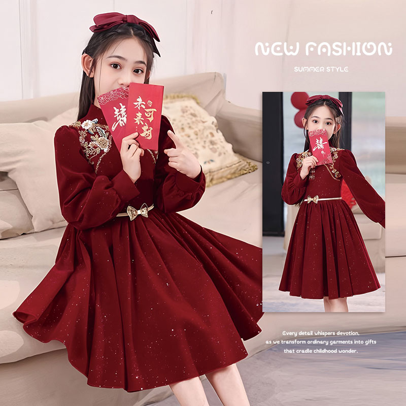 女童加绒连衣裙2026过年衣服儿童红色拜年服冬季中国风童装公主裙