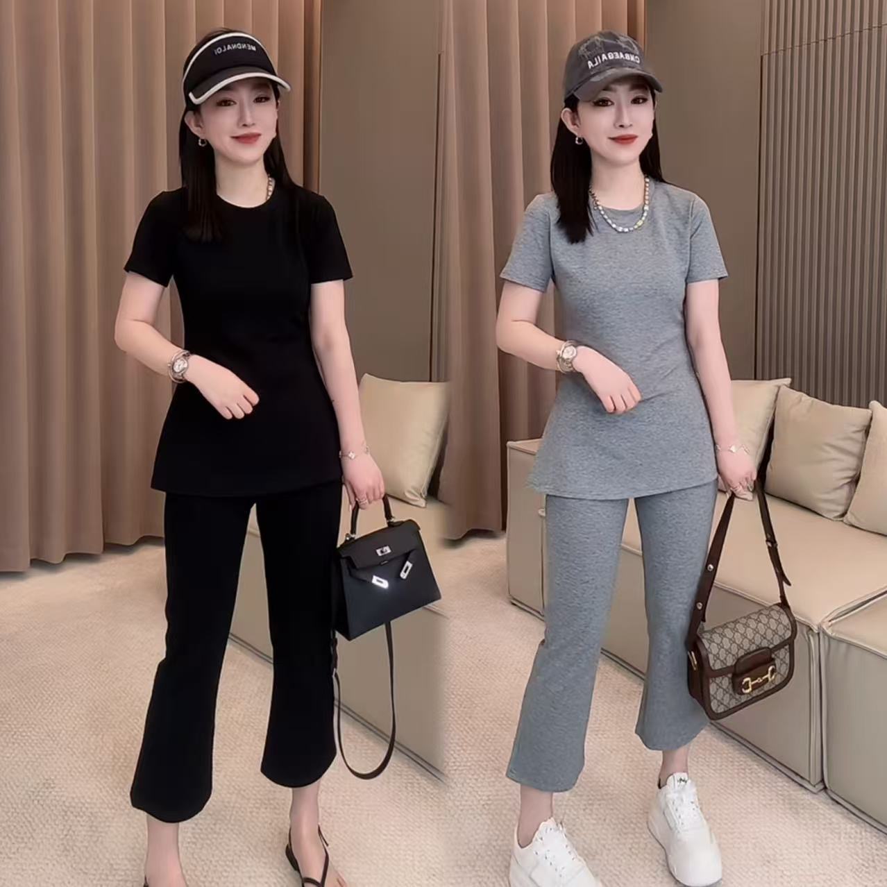 2025夏季新款时尚套装显瘦气质中长款短袖上衣收腰宽松简约两件套