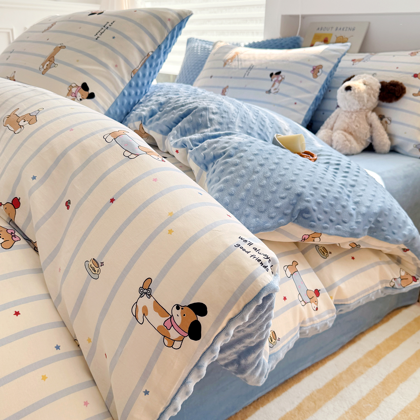 卡通A面全棉B面豆豆绒四件套冬季加厚牛奶珊瑚绒被套床单三件套4