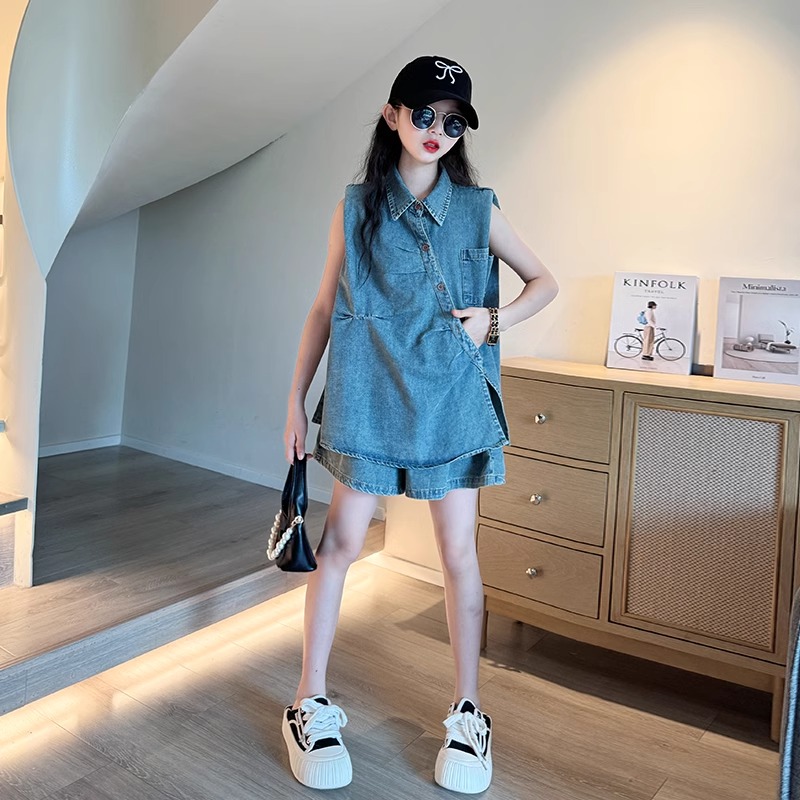 女童夏季套装2025新款儿童又酷又飒牛仔两件套女大童时尚韩系夏装