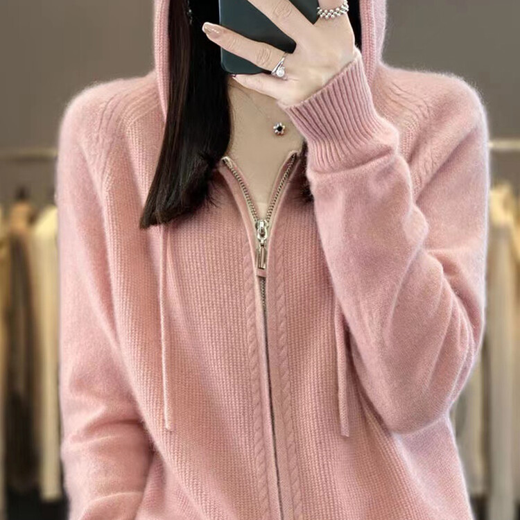 纯100羊毛衫连帽开衫女春秋新款毛衣外套针织卫衣帽衫专柜正品