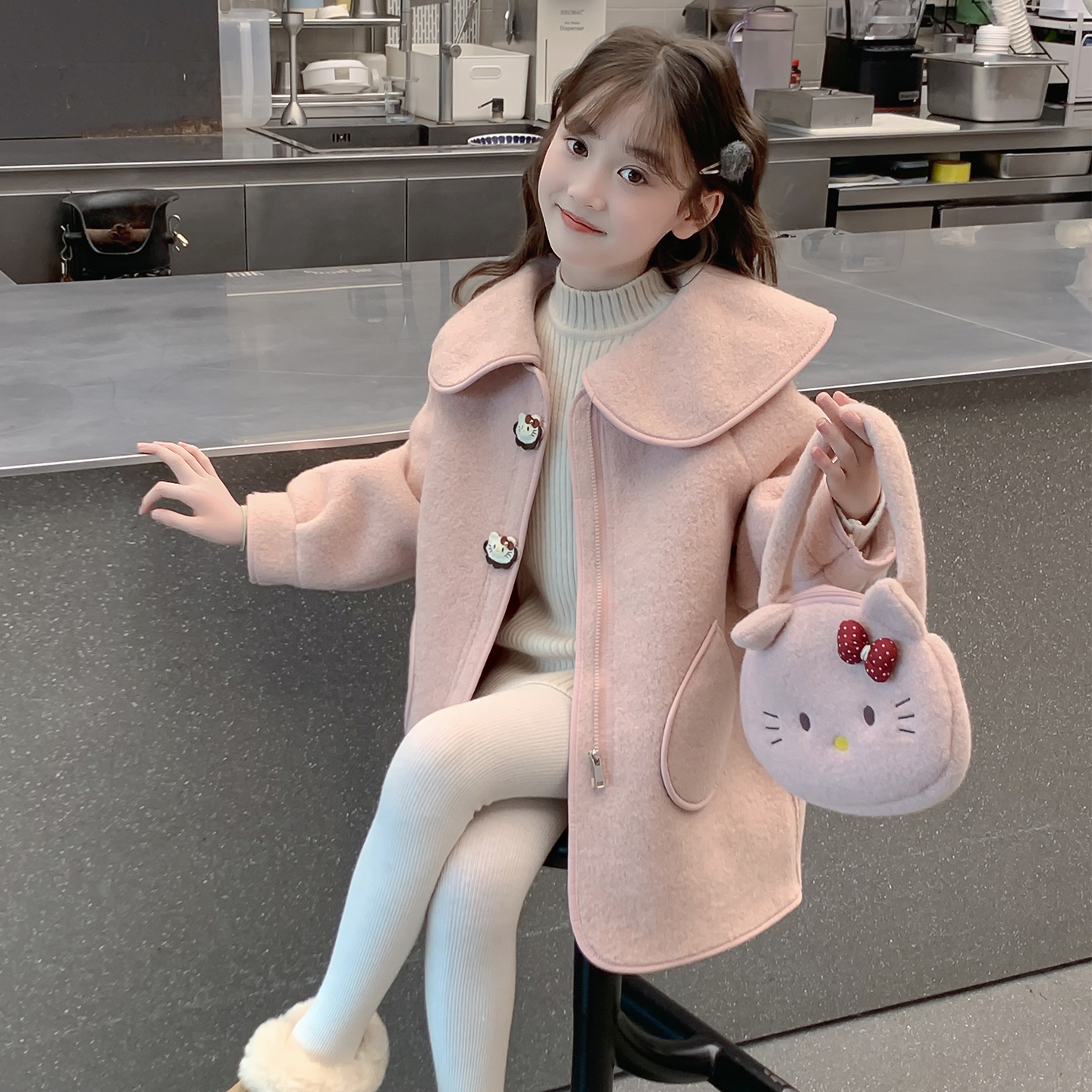 女童夹棉外套2025新款秋冬装儿童网红洋气时髦中长款女孩呢子大衣