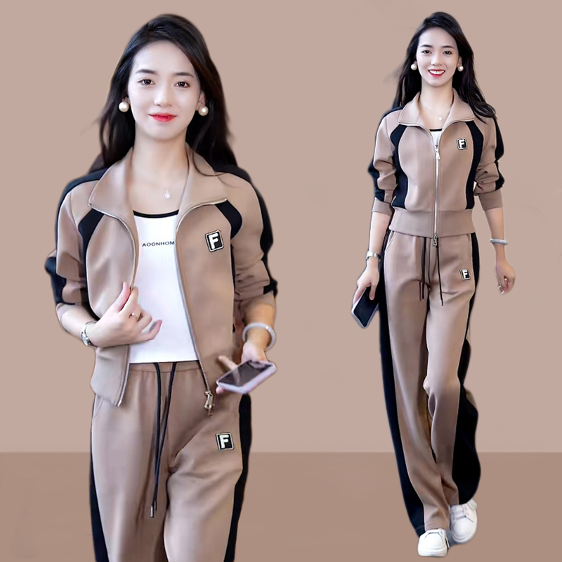 高含棉时尚运动服套装2025年春秋新款拼接宽松短外套直筒裤两件套