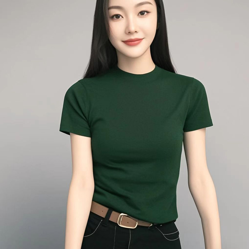 正肩短袖t恤女2025夏季新款修身显瘦时尚百搭圆领棉质纯色上衣