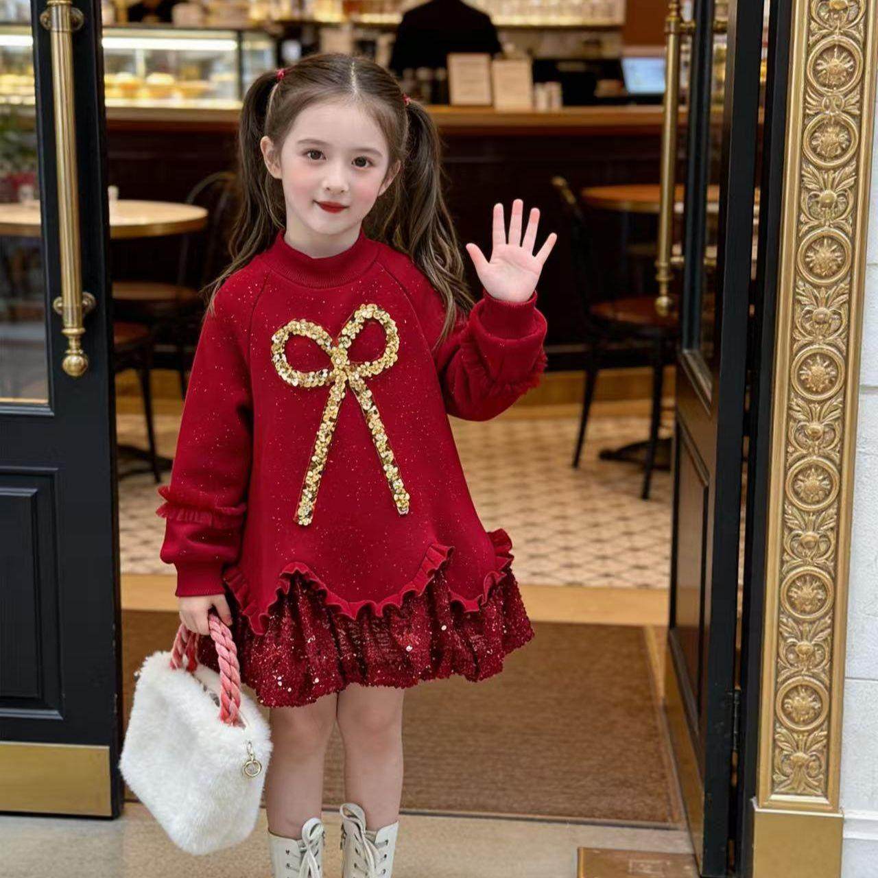 女童加绒亮片裙子儿童连衣裙女孩新款红色卫衣裙女宝洋气过年衣服