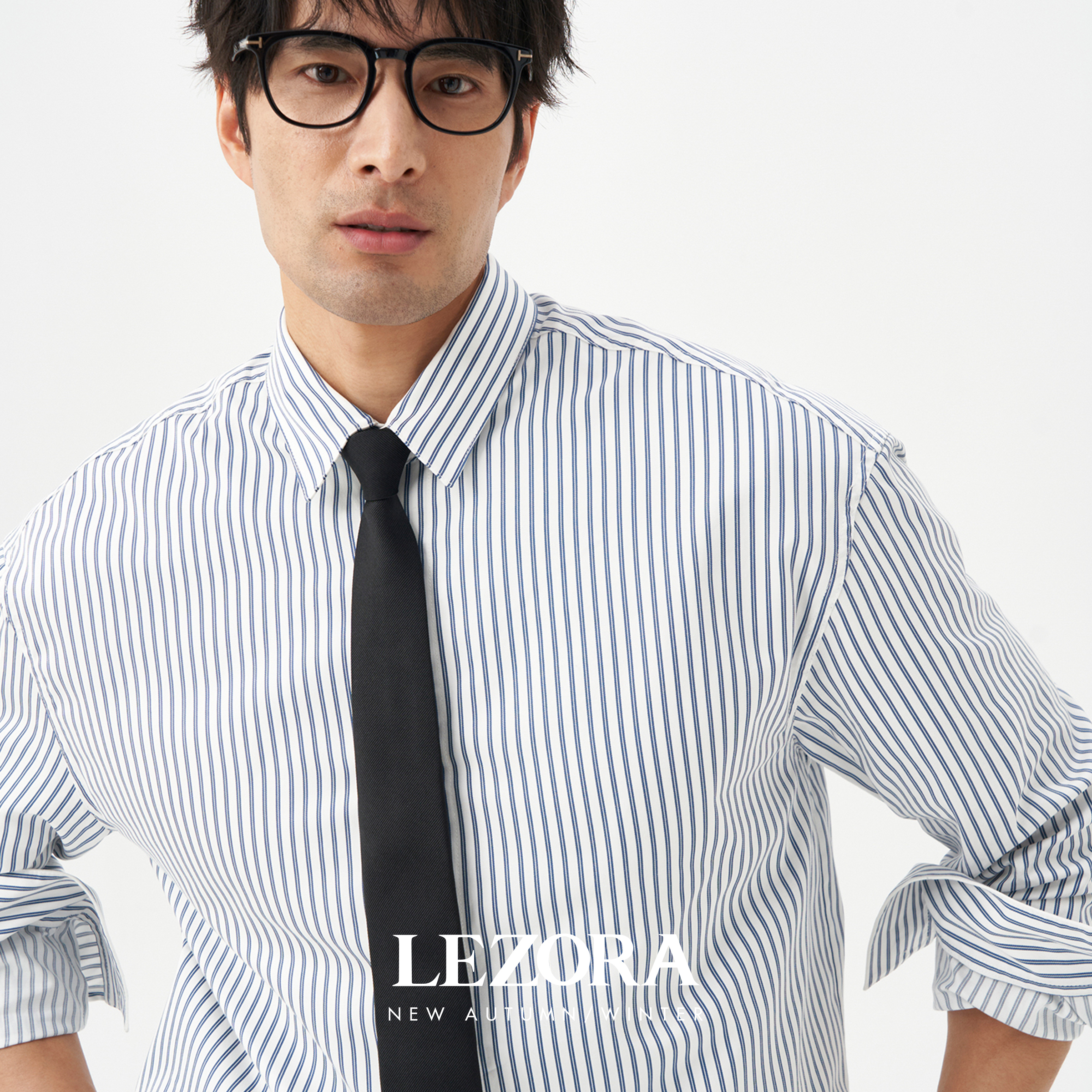LEZORA日本产100英支超细棉 色织海洋蓝条纹秋季长袖衬衫男