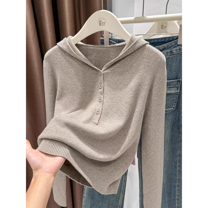 设计感连帽套头针织衫女内搭宽松毛衣打底衫小个子长袖外套上衣秋