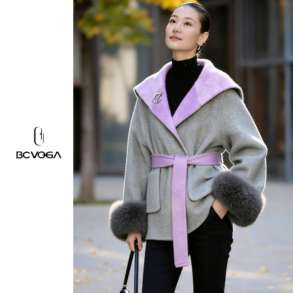 INS风女士冬季大衣丁香紫高级灰拼接设计感双面羊毛面料保暖修身