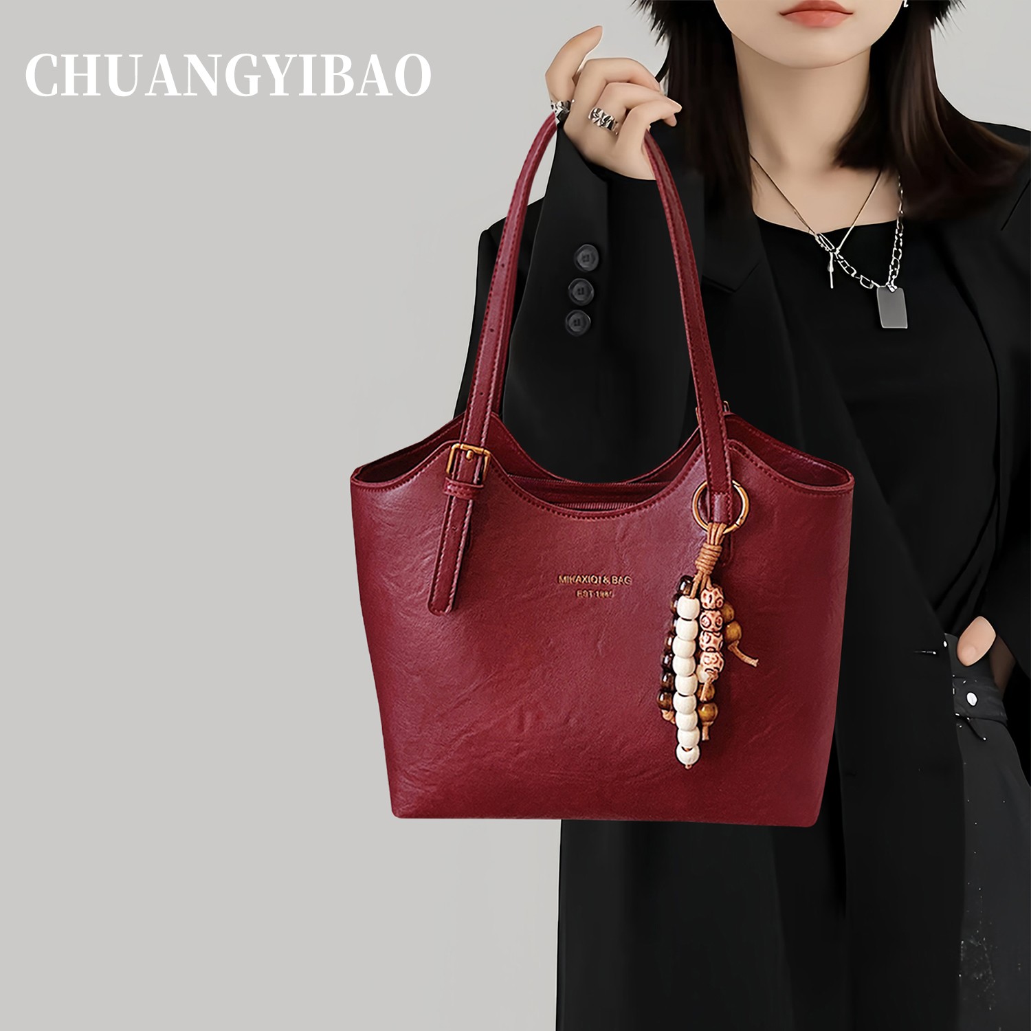 红色大容量通勤腋下托特包包女2025新款潮秋冬轻奢小众高级感婚包