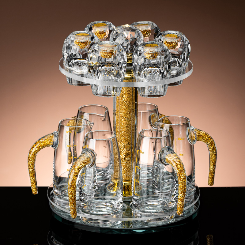 轻奢高档金箔白酒杯套装家用中式水晶玻璃小酒杯子分酒器酒盅酒具