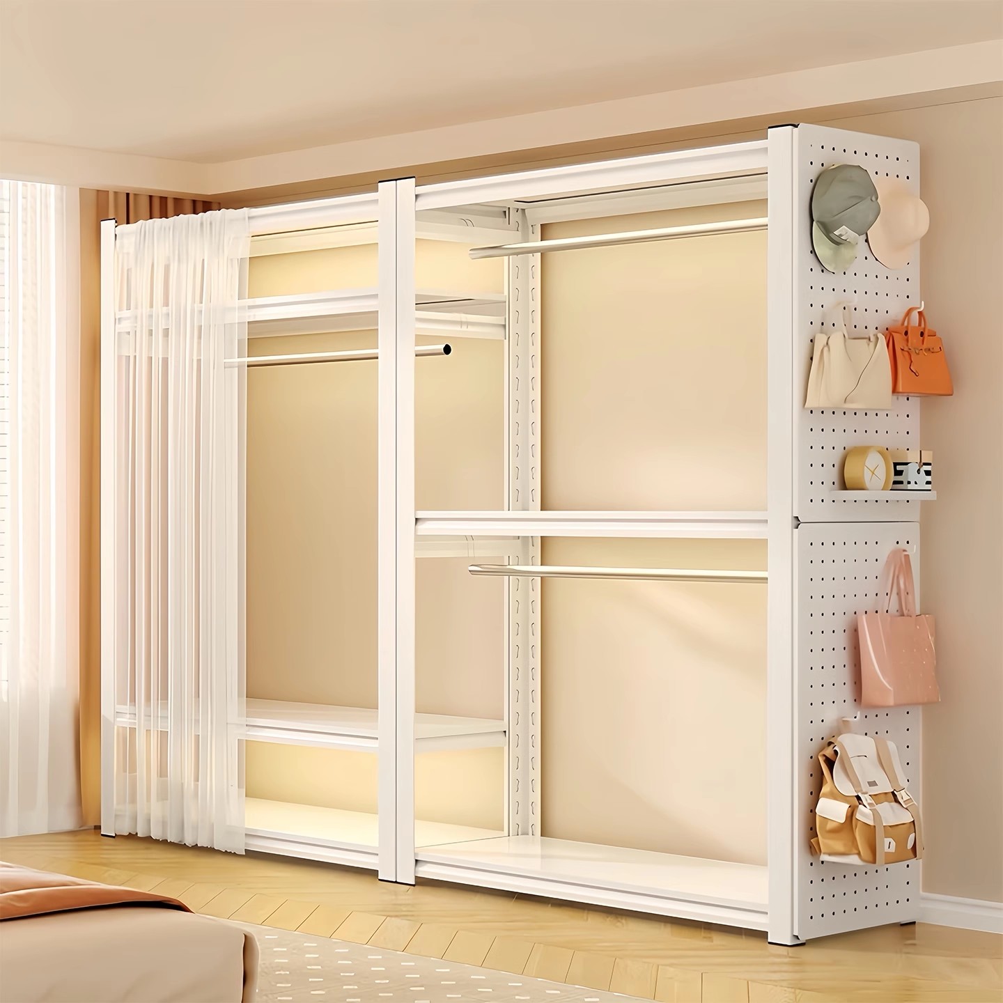 家用简易货架衣柜落地卧室钢制衣帽架多层开放式防尘衣物收纳架子