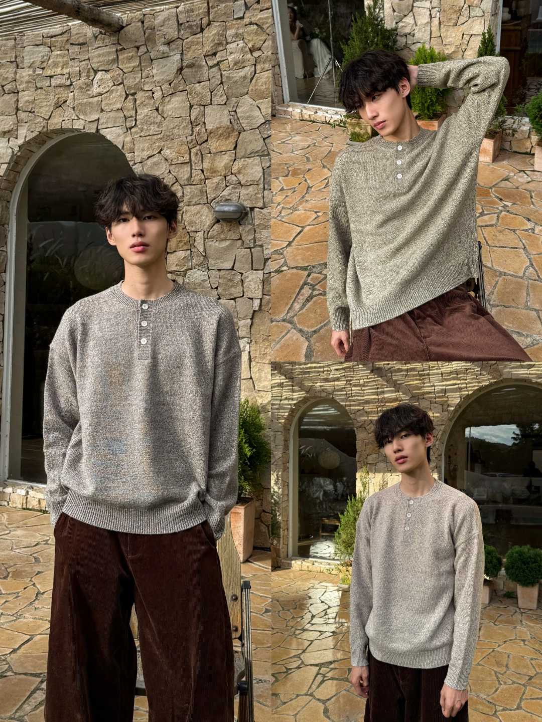 GRIDWALK 羊毛高智感亨利领长袖 松弛慵懒复古老钱风毛衣100%羊毛