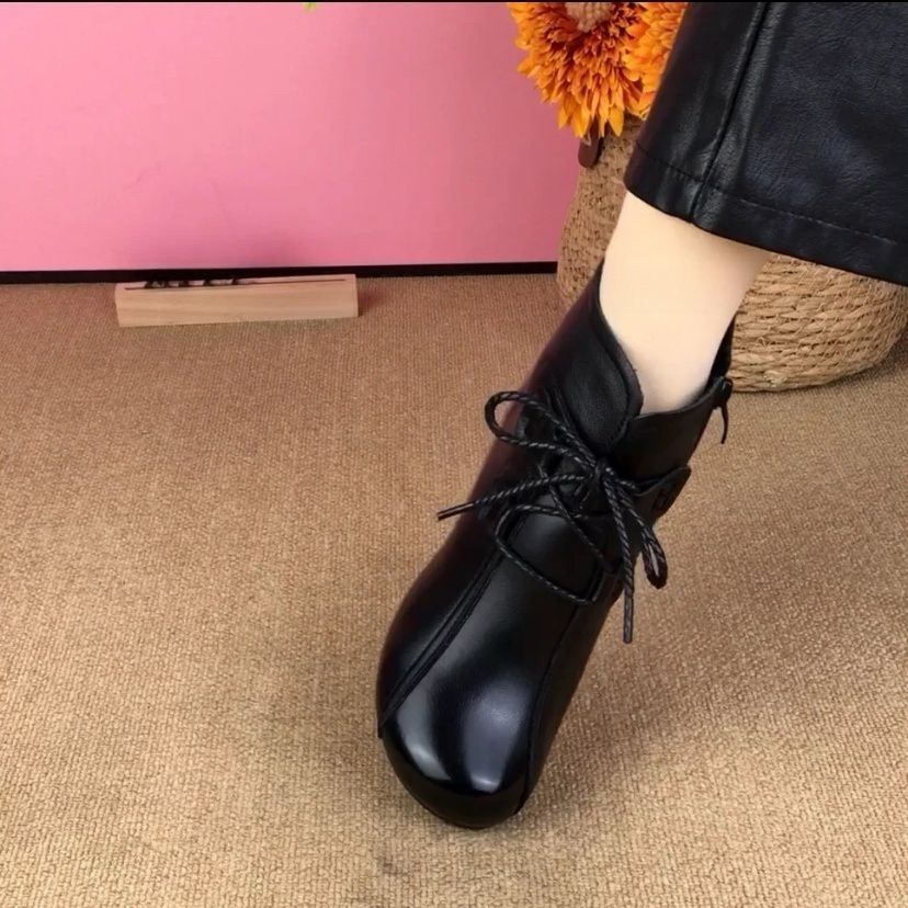 真软皮圆头中跟交叉绑带加绒保暖秋冬短靴粗跟厚底时尚女靴