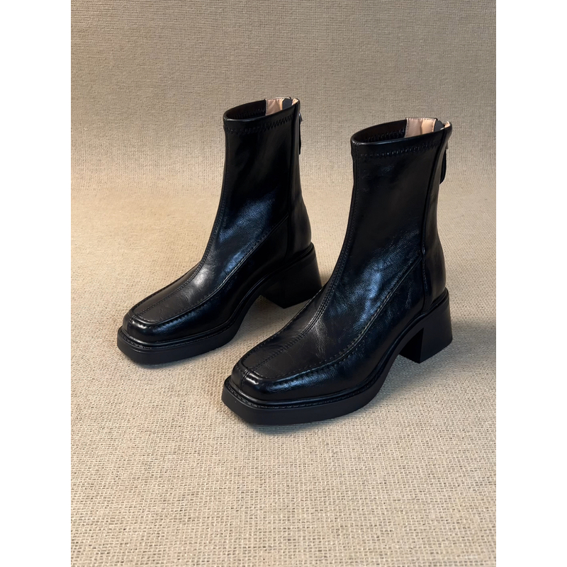 nnmiss·34-39/6cm气质方头弹力瘦瘦靴简约复古后拉链粗跟通勤短靴