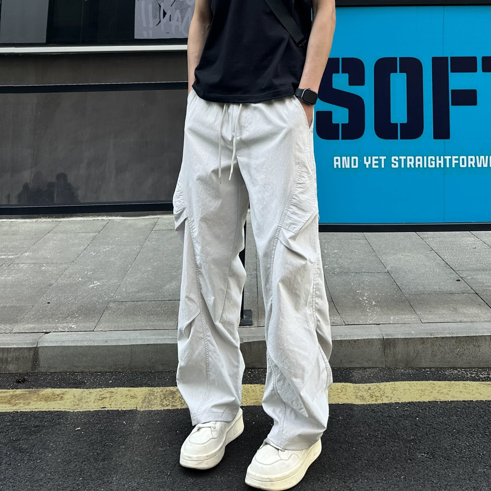 美式高街褶皱潮流直筒休闲冲锋裤男秋冬季宽松户外工装裤速干长裤