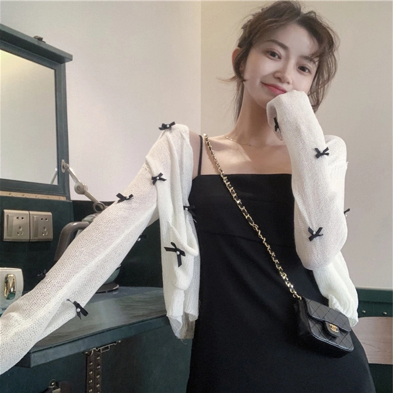 2025年夏季新款白色蝴蝶结针织开衫外套短款衣披肩外搭吊带裙