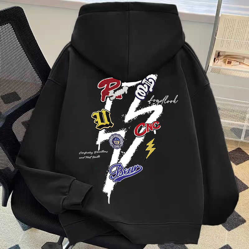 加绒加厚重磅双层连帽卫衣创意个性闪电印花潮牌秋冬新款男装外套