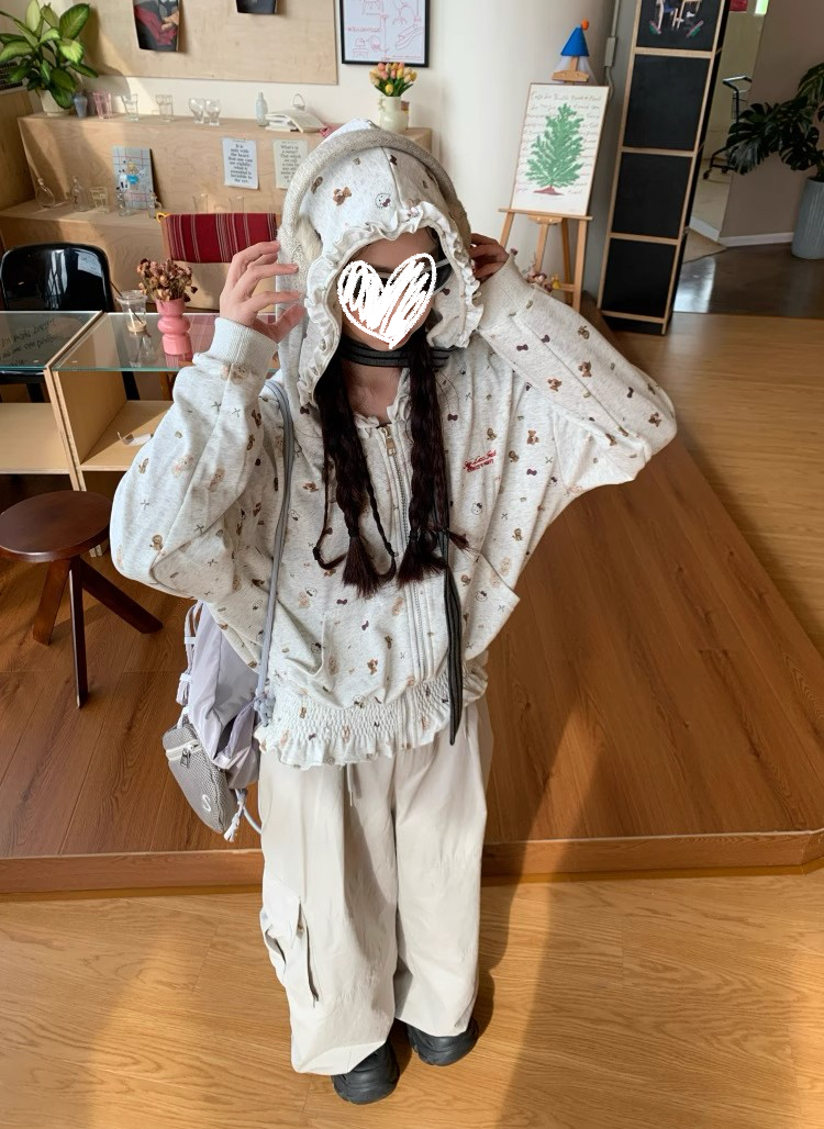 美式复古满印褶皱连帽卫衣女秋季新款慵懒风短款宽松长袖上衣外套