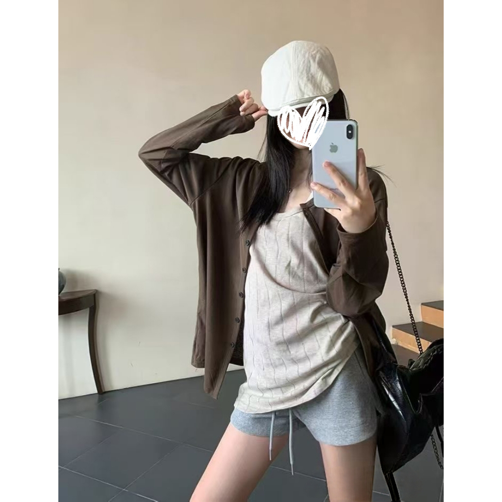 慵懒风宽松薄款简约气质长袖开衫+内搭纯色竖坑纹背心上衣套装