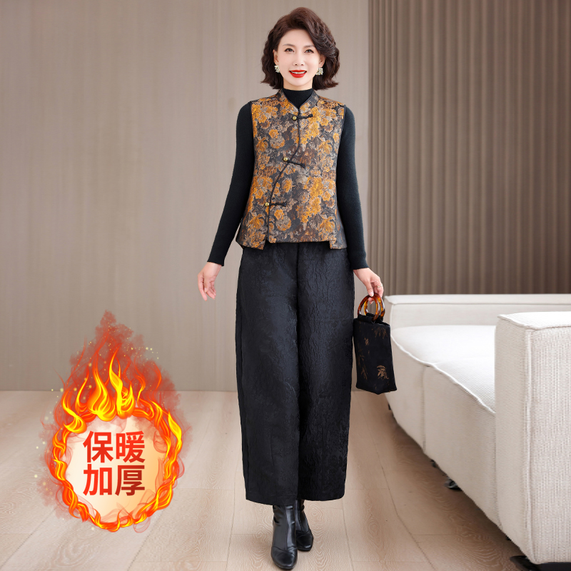 2025新款新中式国风马甲提花高端洋气百搭夹棉加厚马夹阔腿裤套装