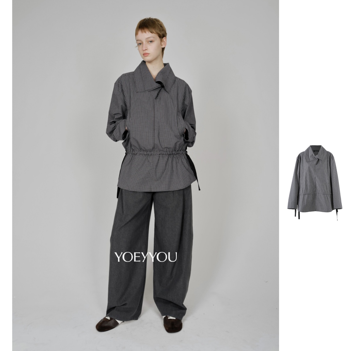 项小七 YOE YYOU 25秋季新品翻领抽绳长上衣格子潮流时尚大翻领女