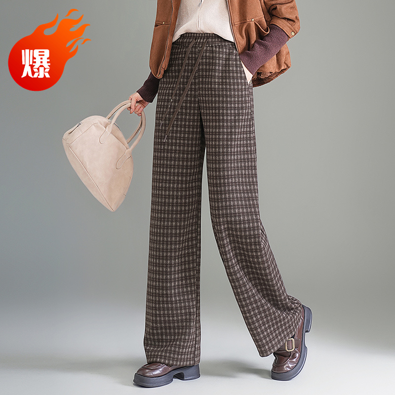 哥弟阿玛施正品格纹加厚直筒裤女秋冬松紧高腰休闲窄版阔腿拖地裤