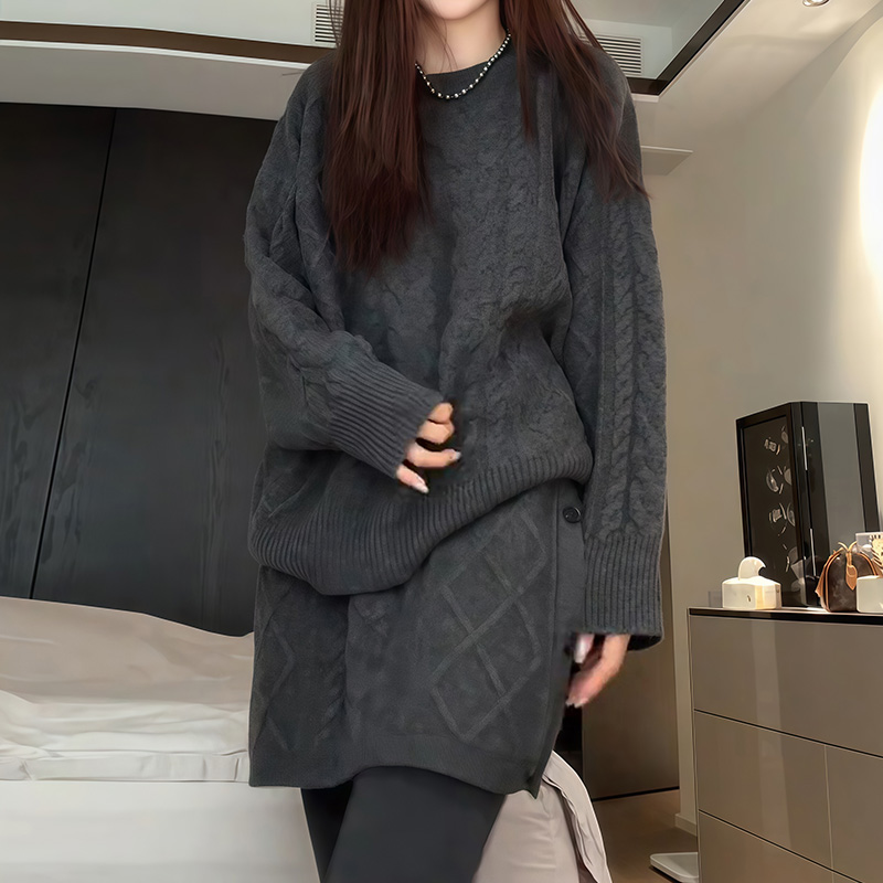 时尚穿搭女2025秋冬新款慵懒风宽松纯色长袖针织衫显瘦短裙两件套