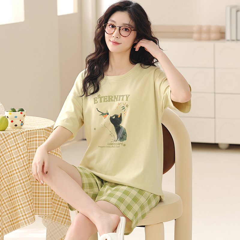 夏季女士睡衣短袖长裤套装可爱卡通格子家居服