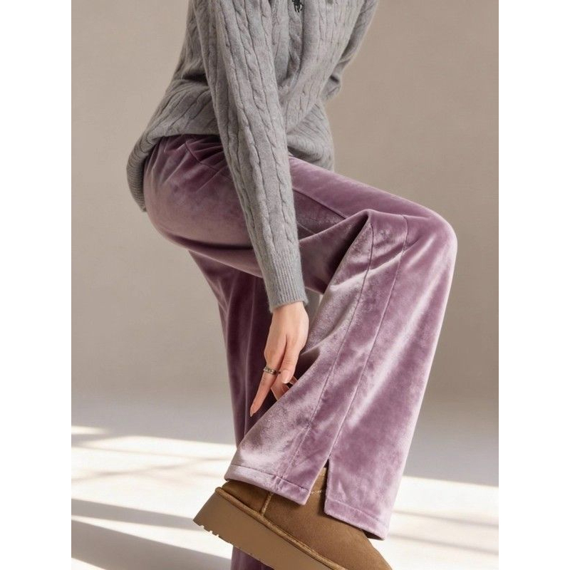 法式轻奢紫色丝绒开叉休闲裤垂感软糯裤子冬季加绒加厚窄版阔腿裤