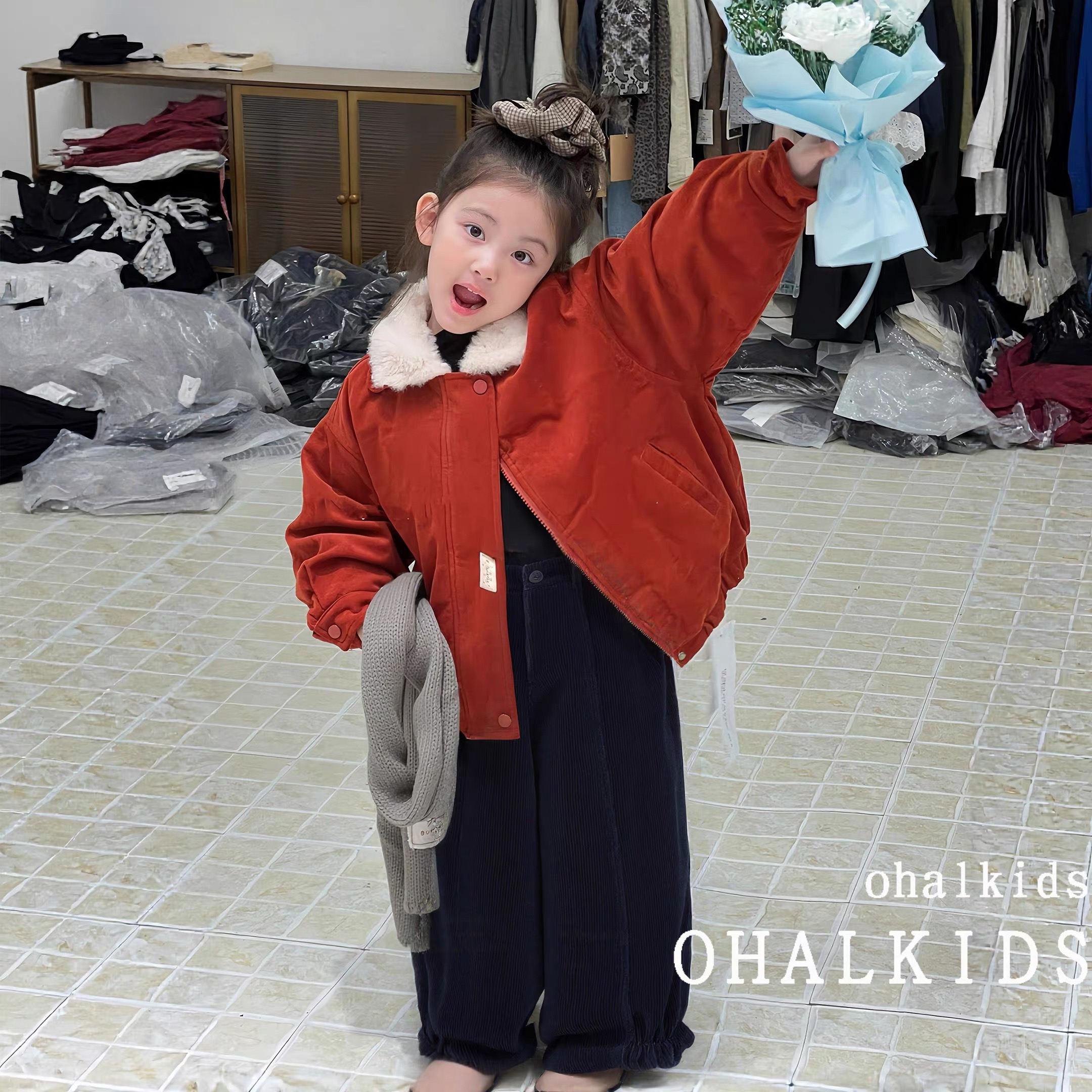 女童冬季新款加厚毛绒翻领红色棉衣宝宝百搭保暖年服