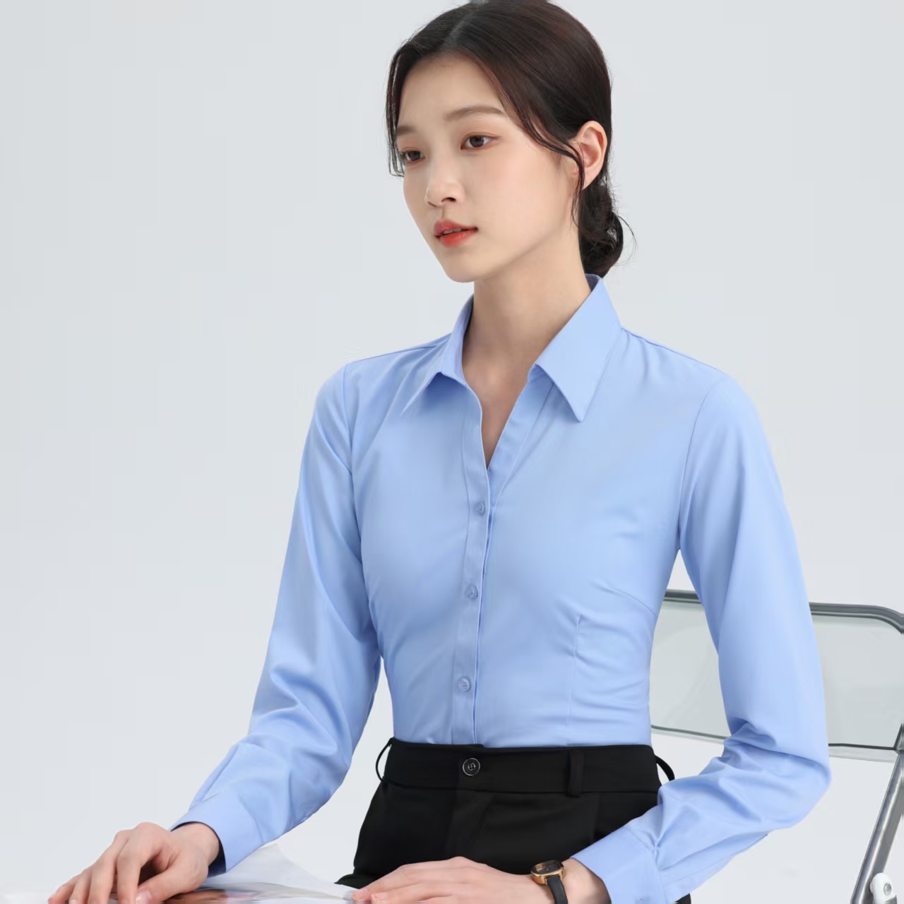 女士衬衫工作服条纹春夏女装修身短袖大码正装白色职业正装蓝衬衣