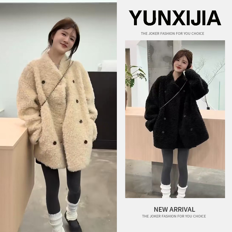 秋冬慵懒风2025韩版毛绒外套中长款宽松上衣紧身高腰鲨鱼裤三件套