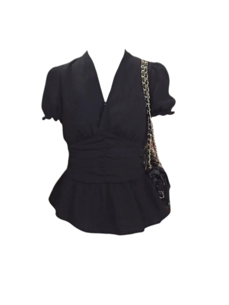 【Amy家】微胖mm设计感暗扣v领短袖衬衫女夏季修身收腰显瘦雪纺上衣