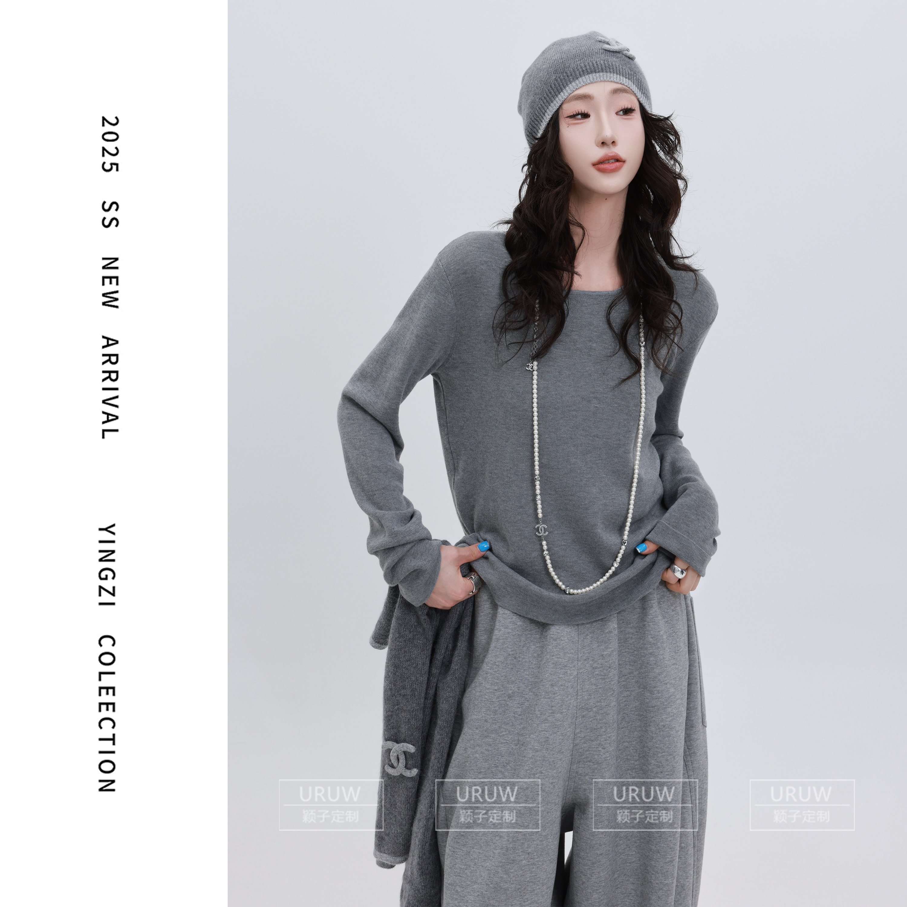 颖子定制【白茶甜心】休闲宽松纯色圆领针织上衣简约通勤上衣 9959