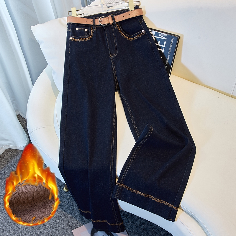 加绒加厚秋冬大码高腰牛仔九分烟管裤子女奶奶裤阔腿直筒裤子3322