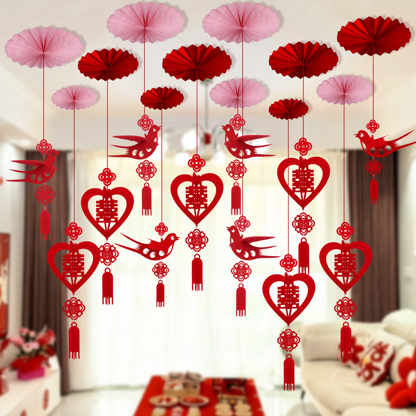 婚房布置套装男方女方结婚新房客厅卧室天花板吊顶立体喜字灯笼囍