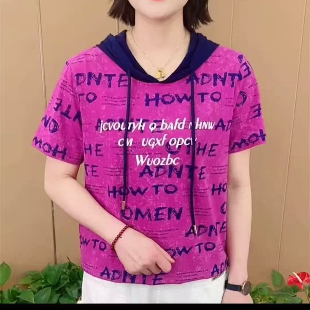 G新款印花洞洞布连帽短袖T恤女夏季多巴胺休闲时尚显瘦宽松上衣