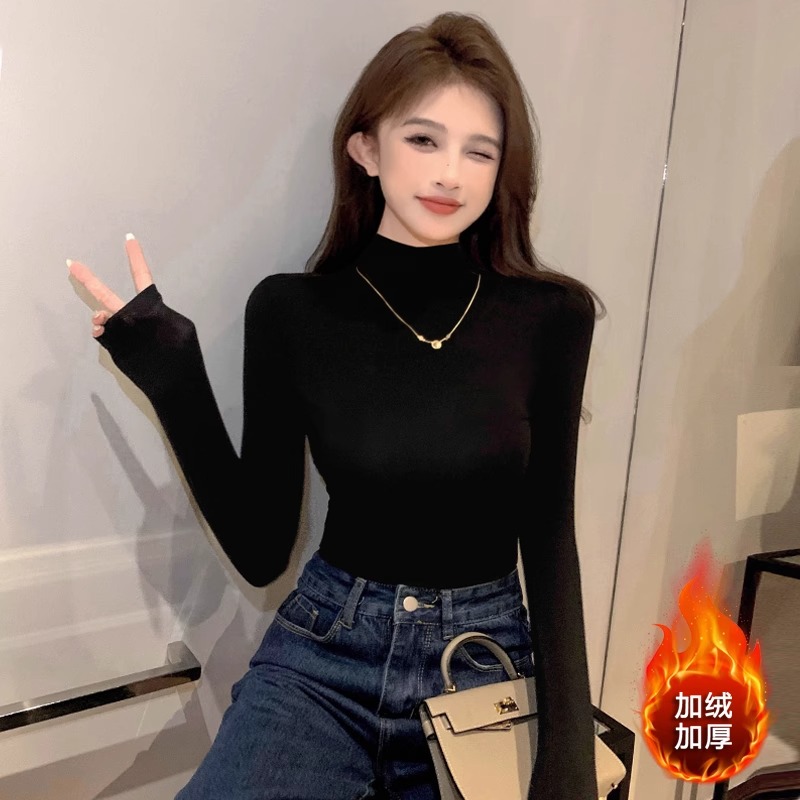 拉夏贝尔黑色加绒加厚半高领长袖打底衫女2025年秋冬洋气保暖内搭