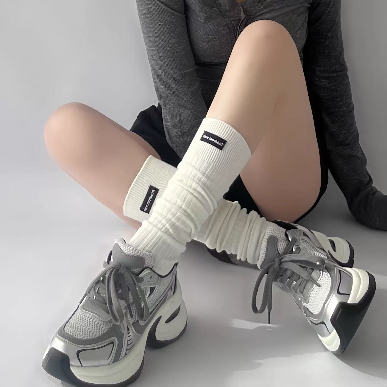 美式秋冬双针加厚配长靴布标竖纹显瘦ins简约JK学院风小腿堆堆袜