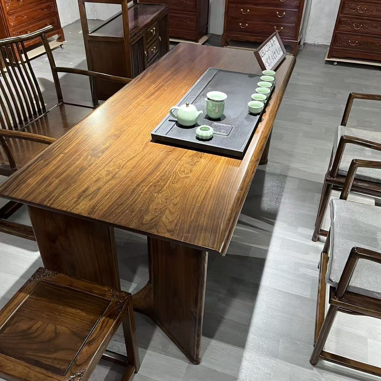 实木整板胡桃色茶桌椅组合自然边办公室泡茶台