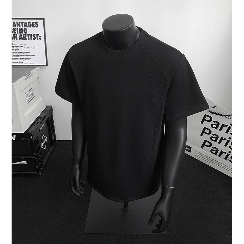 美式复古拼接正肩小领口螺纹短袖男夏季廓形t恤小众设计感五分袖