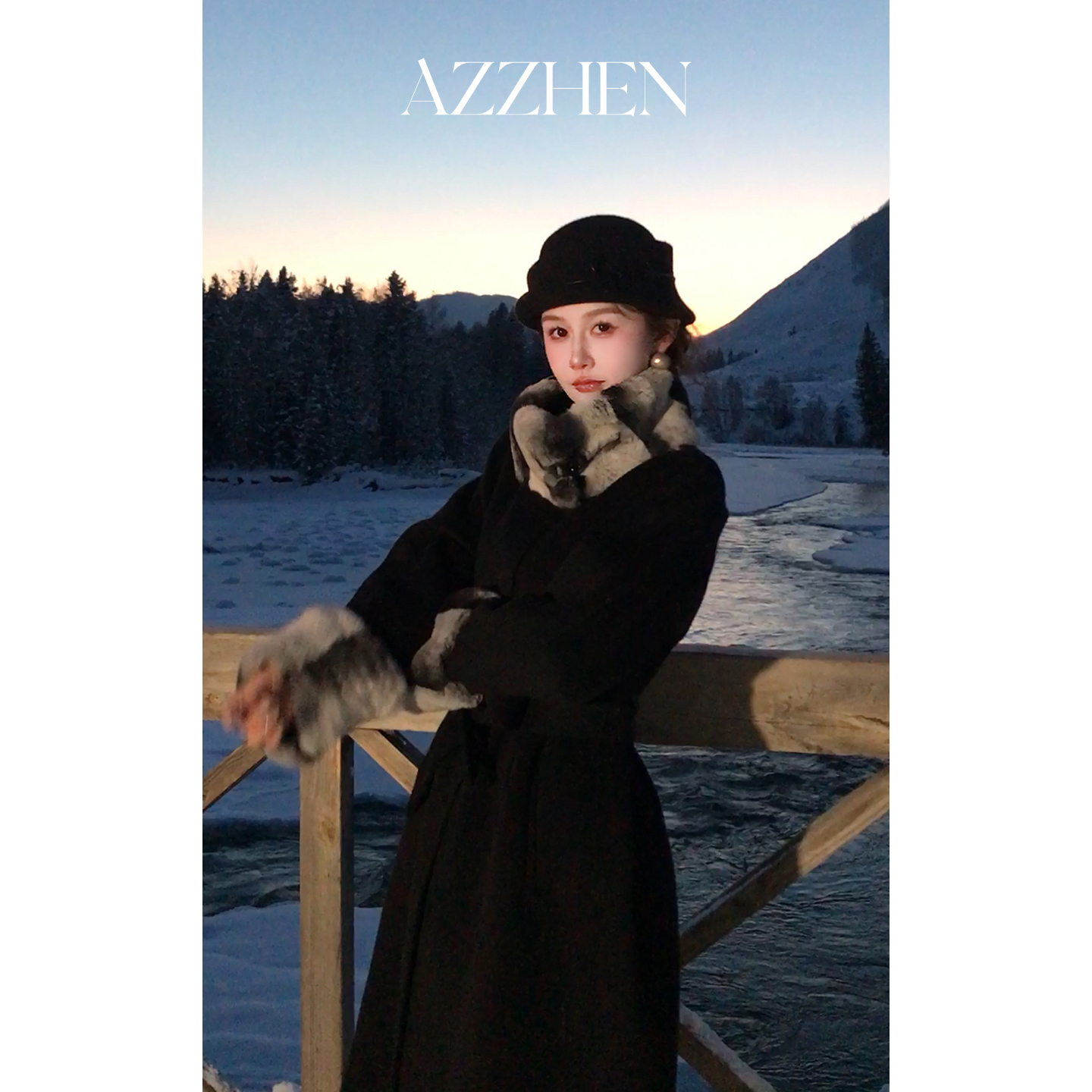 AZZHEN【温莎小姐】100羊毛长款领口袖口拼接100獭兔毛大衣AZ5PMD17