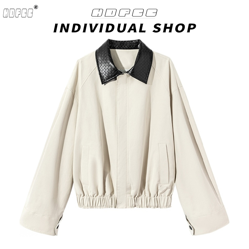 2025年翻领拼接工装外套女秋季新款美式复古休闲宽松拼接夹克上衣