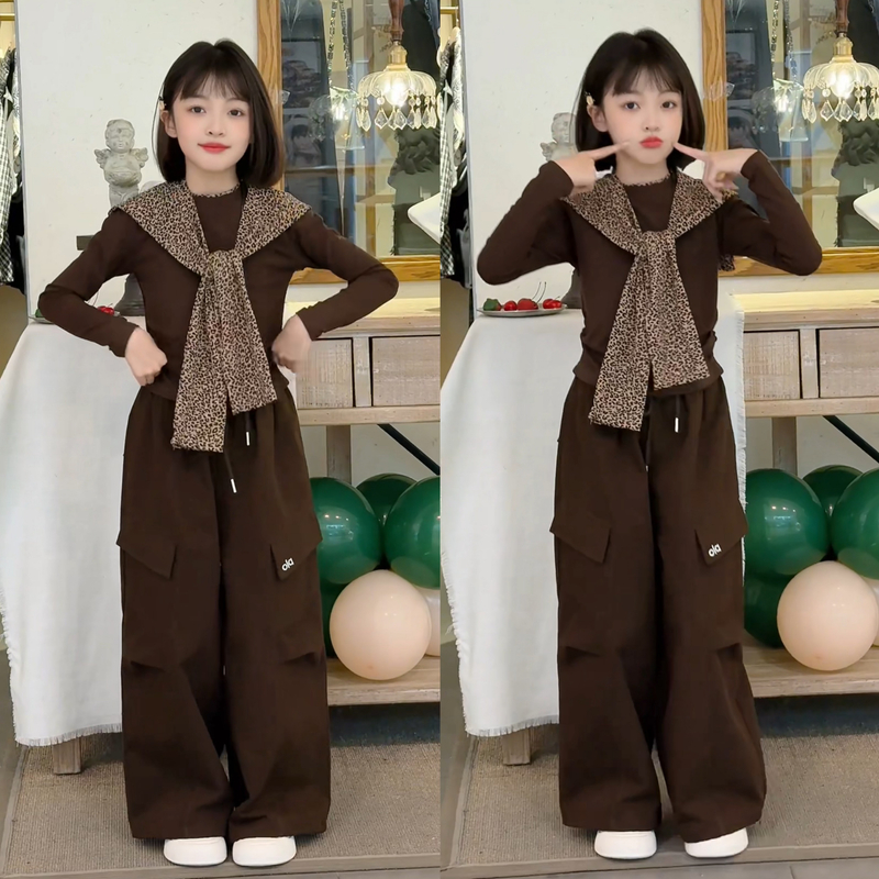 女童秋季新款韩范时尚豹纹披肩纯色上衣琥珀流光休闲工装裤两件套